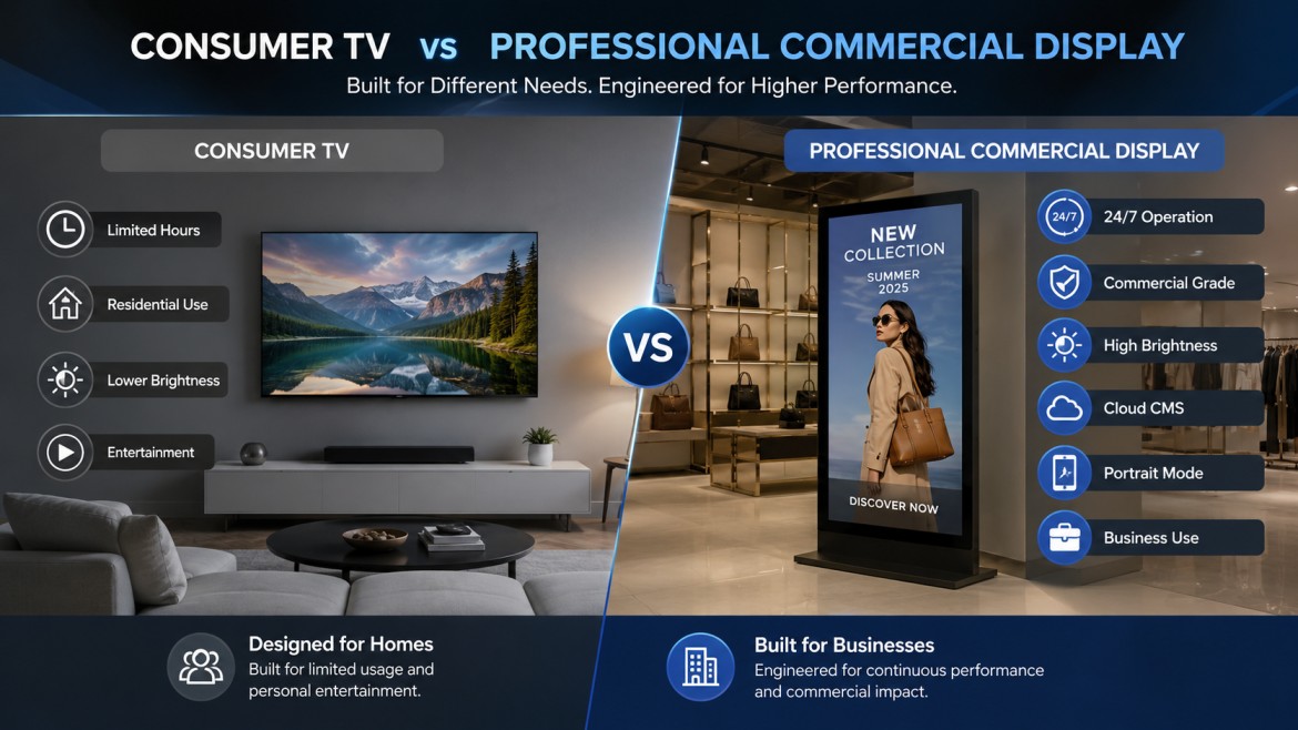 Commercial Display: The Complete Buyer's Guide for Modern Businesses Commercial Display vs Consumer TV